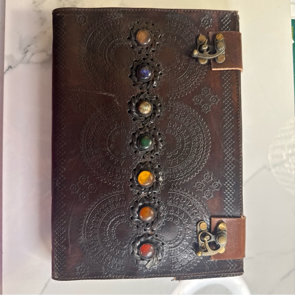 10” X 7” leather journal with chakra stones